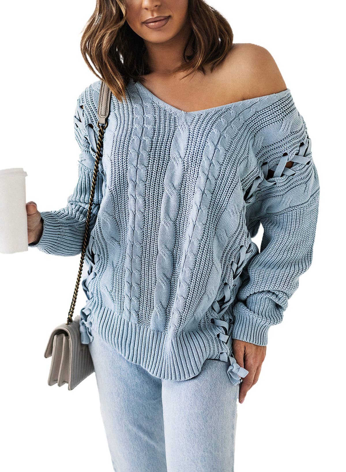 Knit lace solid color V-neck long-sleeved pullover sweater