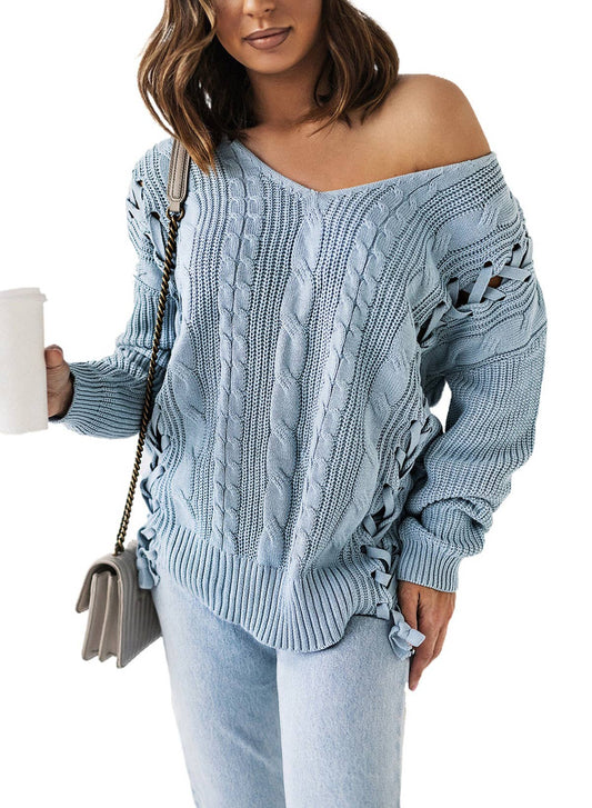 Knit lace solid color V-neck long-sleeved pullover sweater