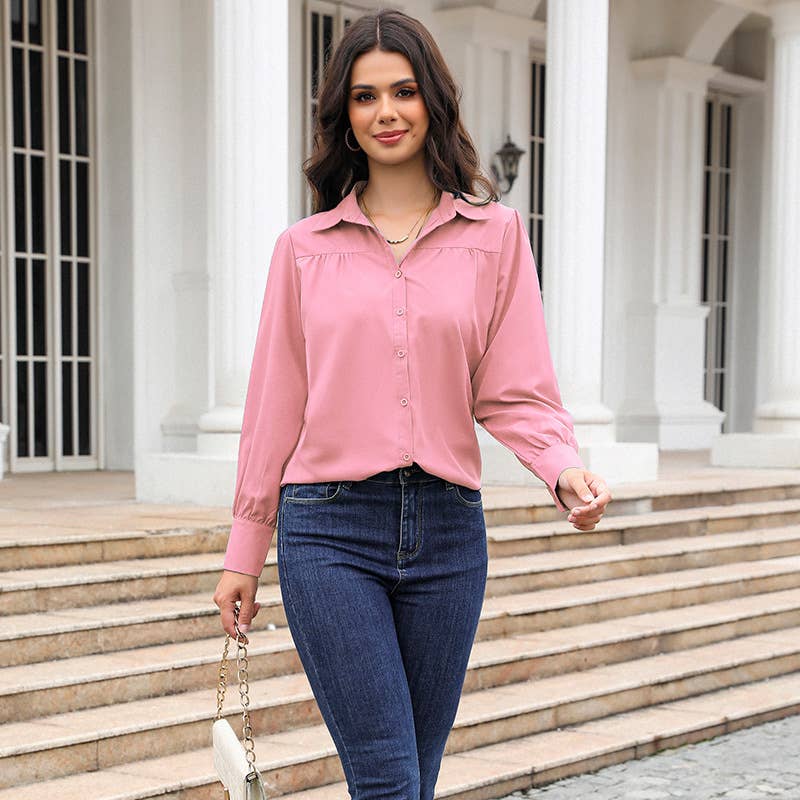 Lantern-sleeve pleated stand collar loose shirt