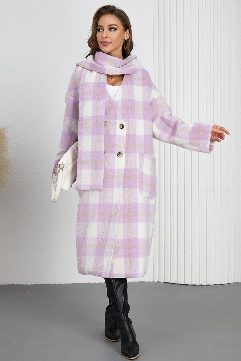 CWOCO0946_DOUBLE BREASTED PLAID V-NECK SCARF COAT