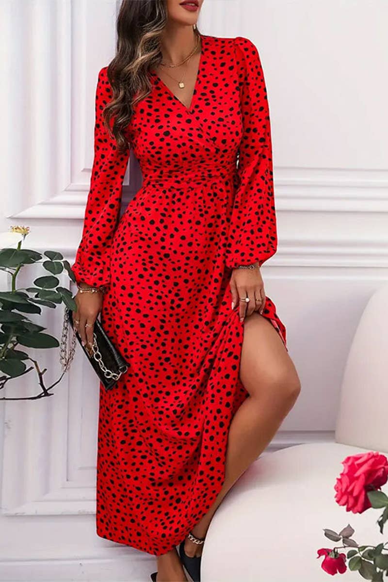 PUFFED SLEEVE V-NECK POLKA DOT LONG-SLEEVED DRESS