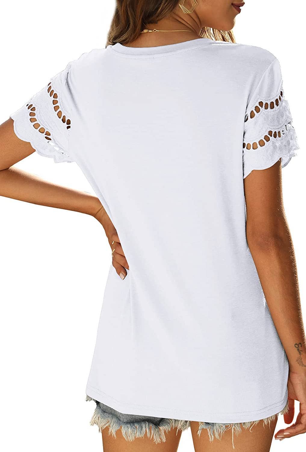 LACE PATCHWORK SHORT SLEEVE T-SHIRT CREW-NECK TOP