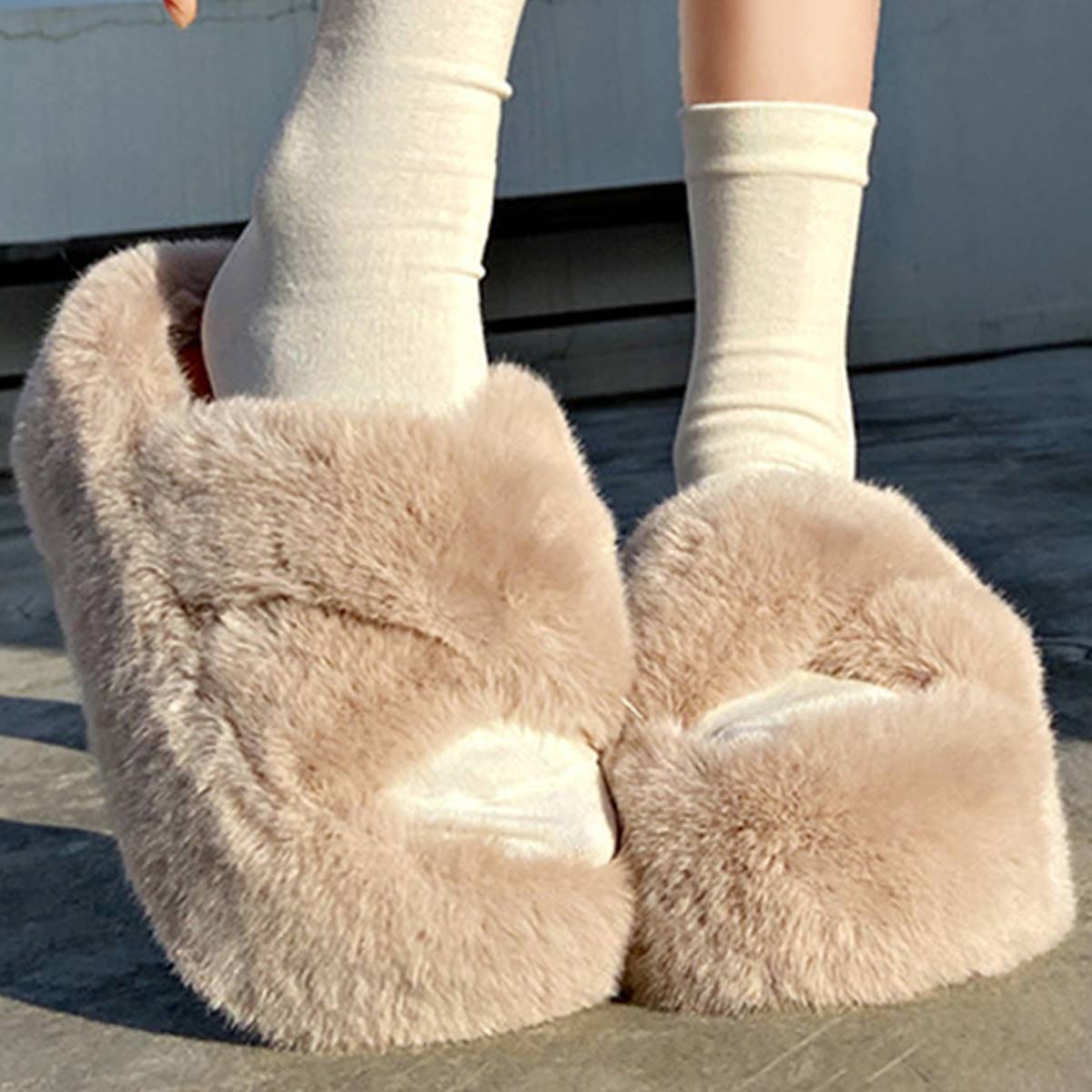 THICK SOLE CROSS STRAP FLUFFY BEDROOM SLIPPERS