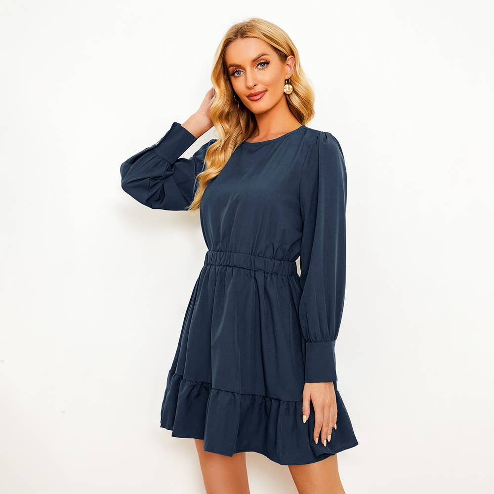 SOLID COLOR PINCHED WAIST LONG SLEEVE DRESS