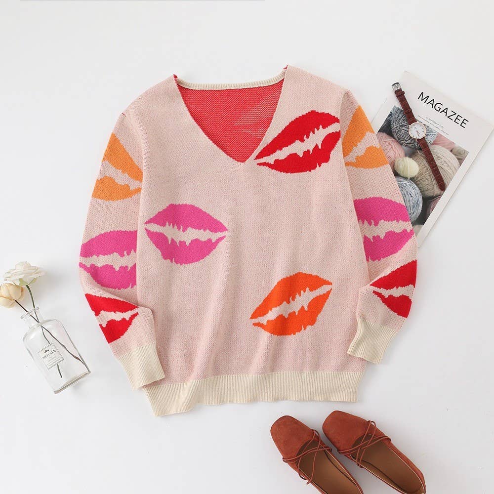 Lip jacquard V-neck core-spun pullover sweater