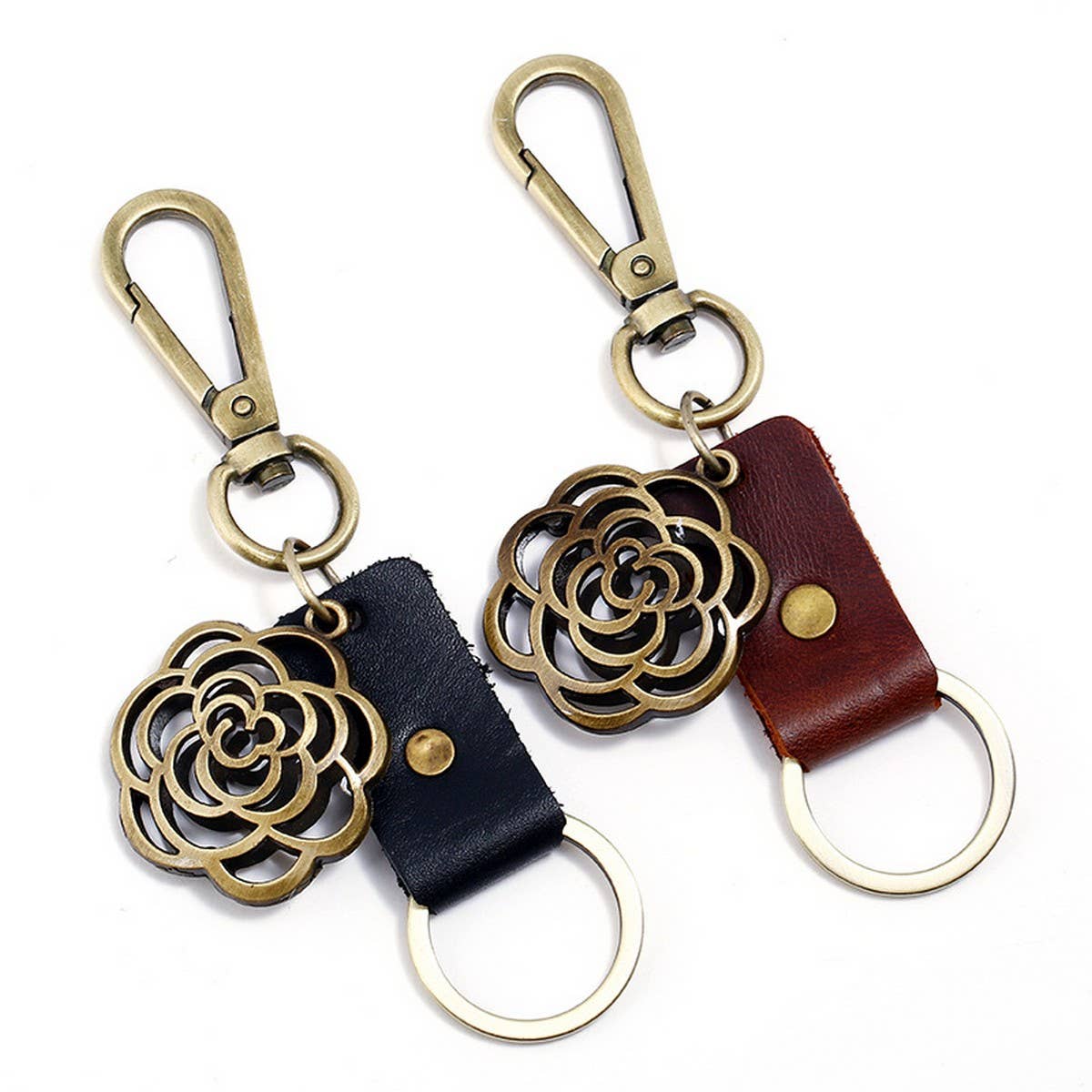 CREATIVE BRONZE ROUND FLOWER COWHIDE KEYCHAIN
