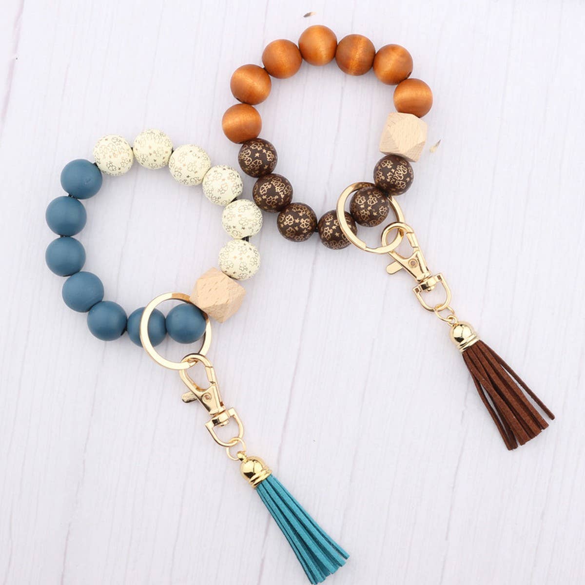Printed Wood Bead Bracelet with PU Tassel Keychain_CWMM7015