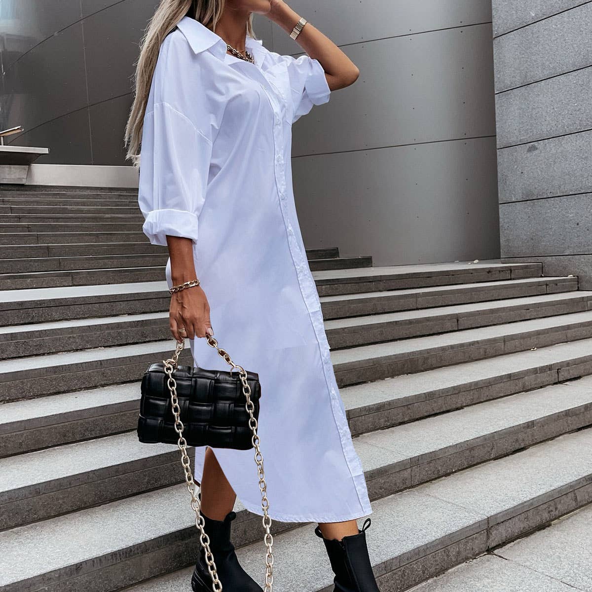 STYLISH SLIT LOOSE CASUAL SOLID COLOR SHIRT DRESS
