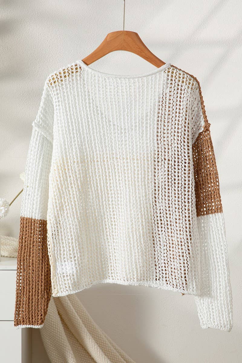 CWOSWL07429_V NECK COLORBLOCK HOLLOW OUT KNIT SWEATER