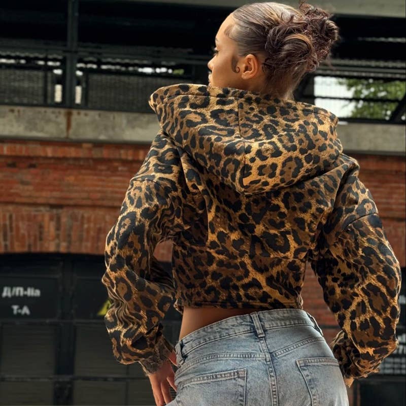 LEOPARD PRINT ZIPPER HOODIE PATCHWORK CARDIGAN