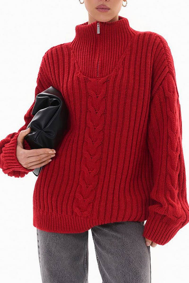Zipper half turtleneck long-sleeved pullover sweater