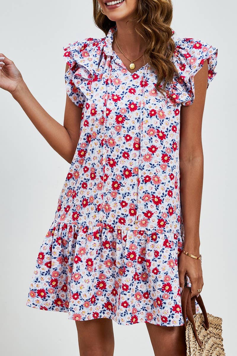 CWDSD7425_RUFFLED SLEEVELESS V-NECK PRINTED LAYERED DRESS