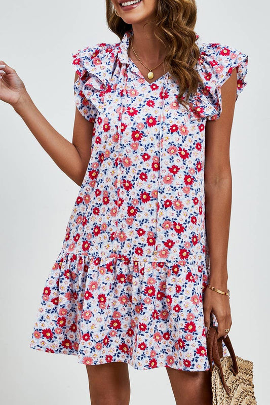 CWDSD7425_RUFFLED SLEEVELESS V-NECK PRINTED LAYERED DRESS