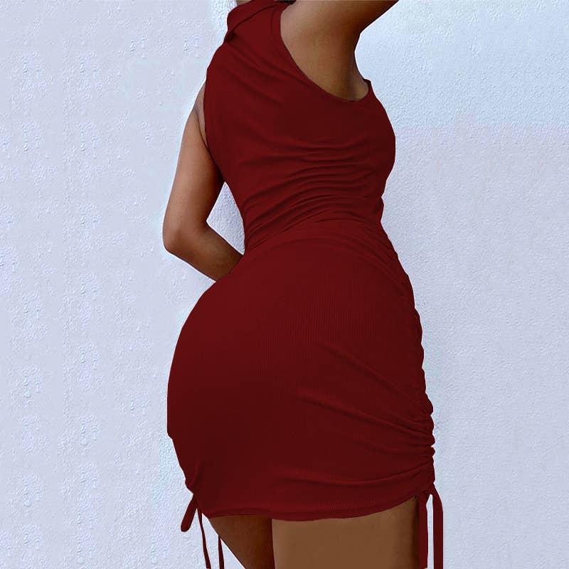 V-NECK LAPEL SLEEVELESS RIBBED SEXY KNIT DRESS