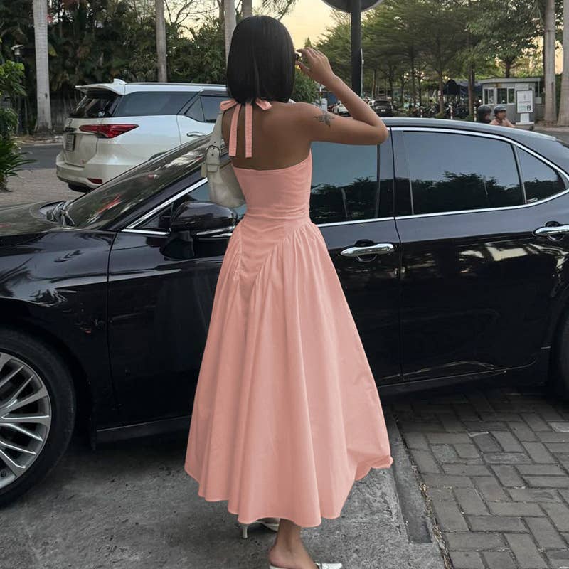 Solid Deep V Halter Cutout Flare Dress