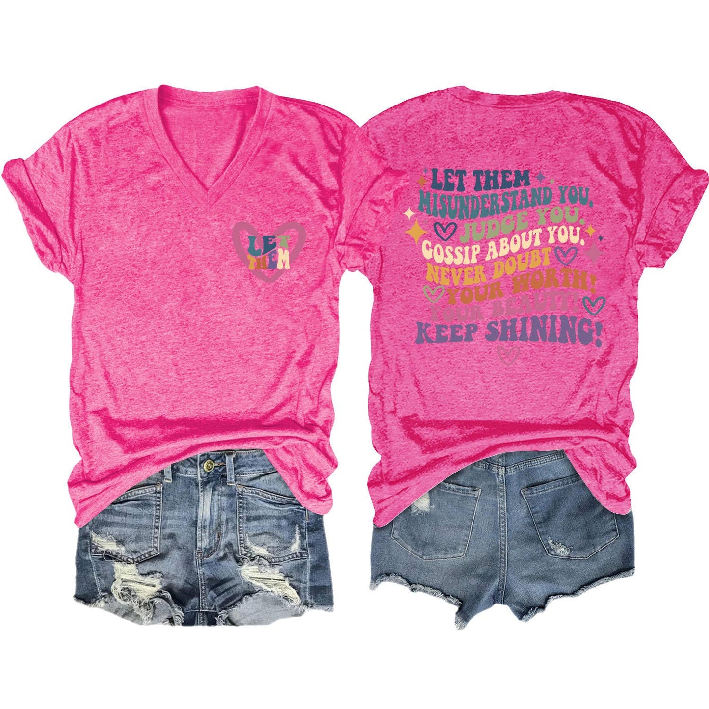 V-neck and fun letters Elegant women's T-shirt