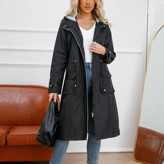 Waterproof hooded long straight trench coat