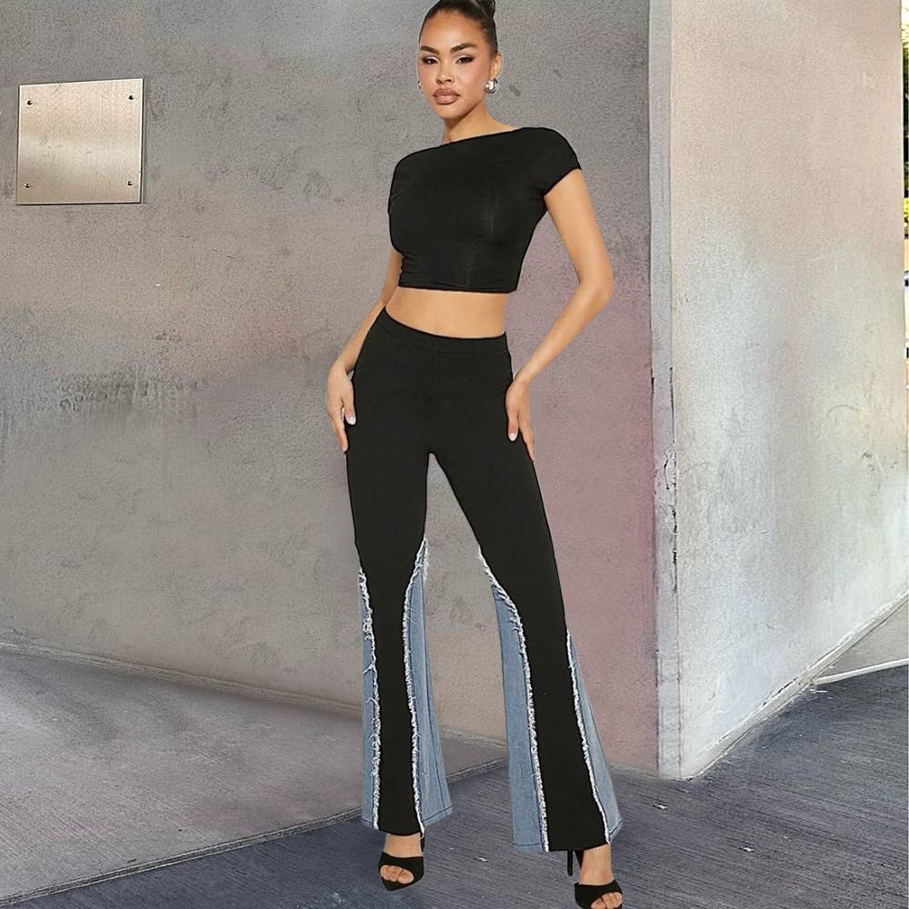 DENIM FRINGE COLOR CONTRAST FLARE TREND PANTS