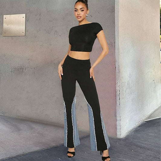 DENIM FRINGE COLOR CONTRAST FLARE TREND PANTS