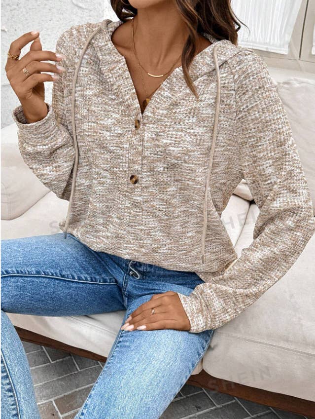 WAFFLE BUTTON-UP HOODIE LOOSE LONG-SLEEVED HOODIE