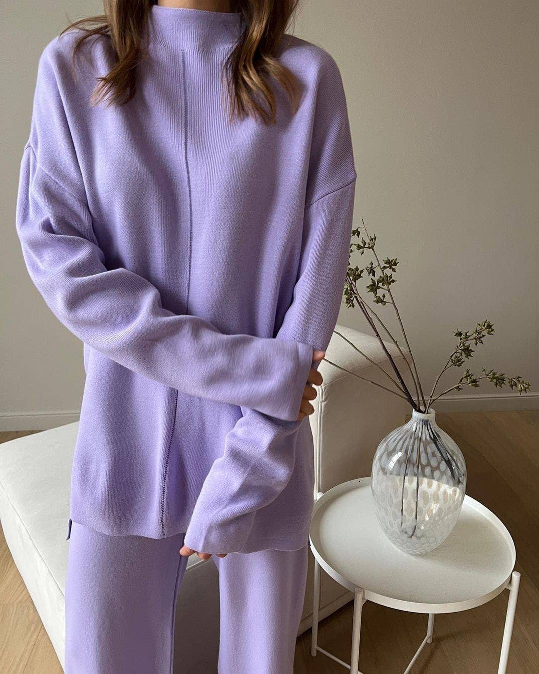 LONG SLEEVE LOOSE SWEATER KNIT TOP PANT SUIT