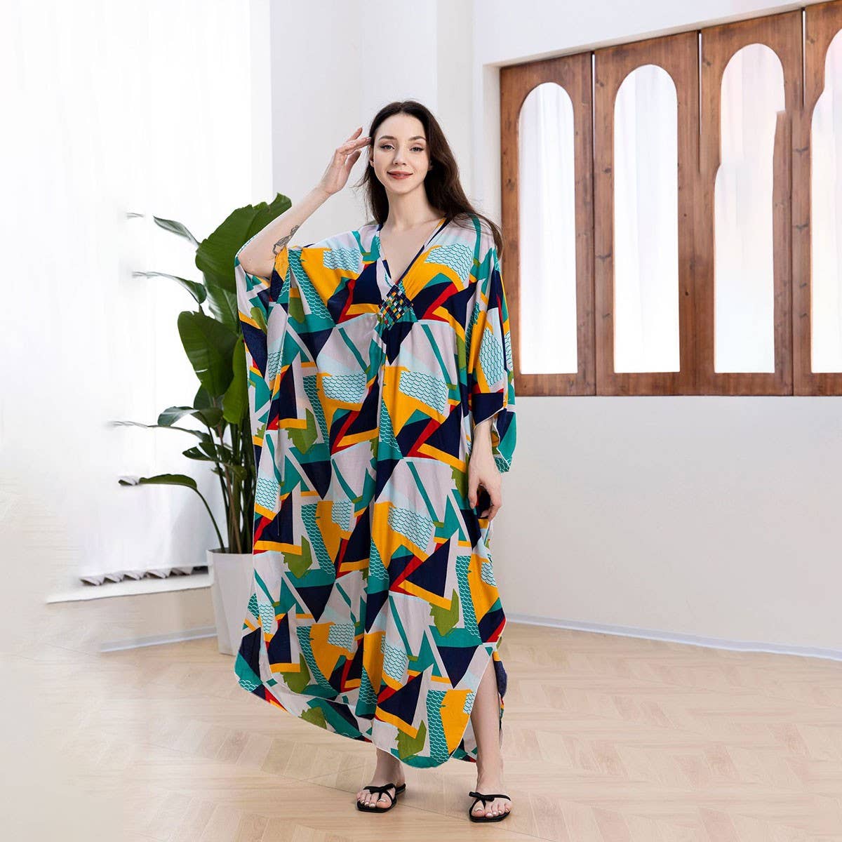 Plus Size Cotton Woven Beach Cover-Up Resort Dress_CWMM6141