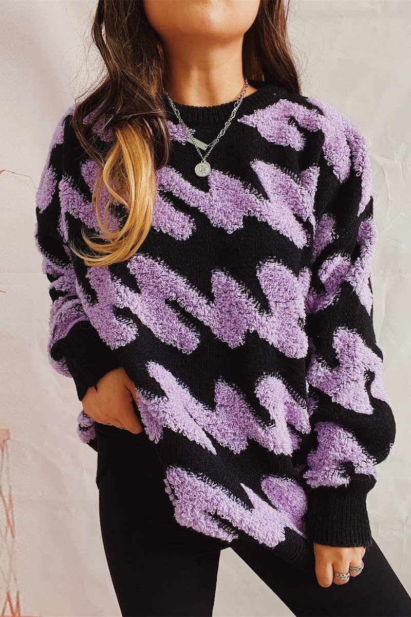 Long sleeve knit sweater with wavy stripes flocking