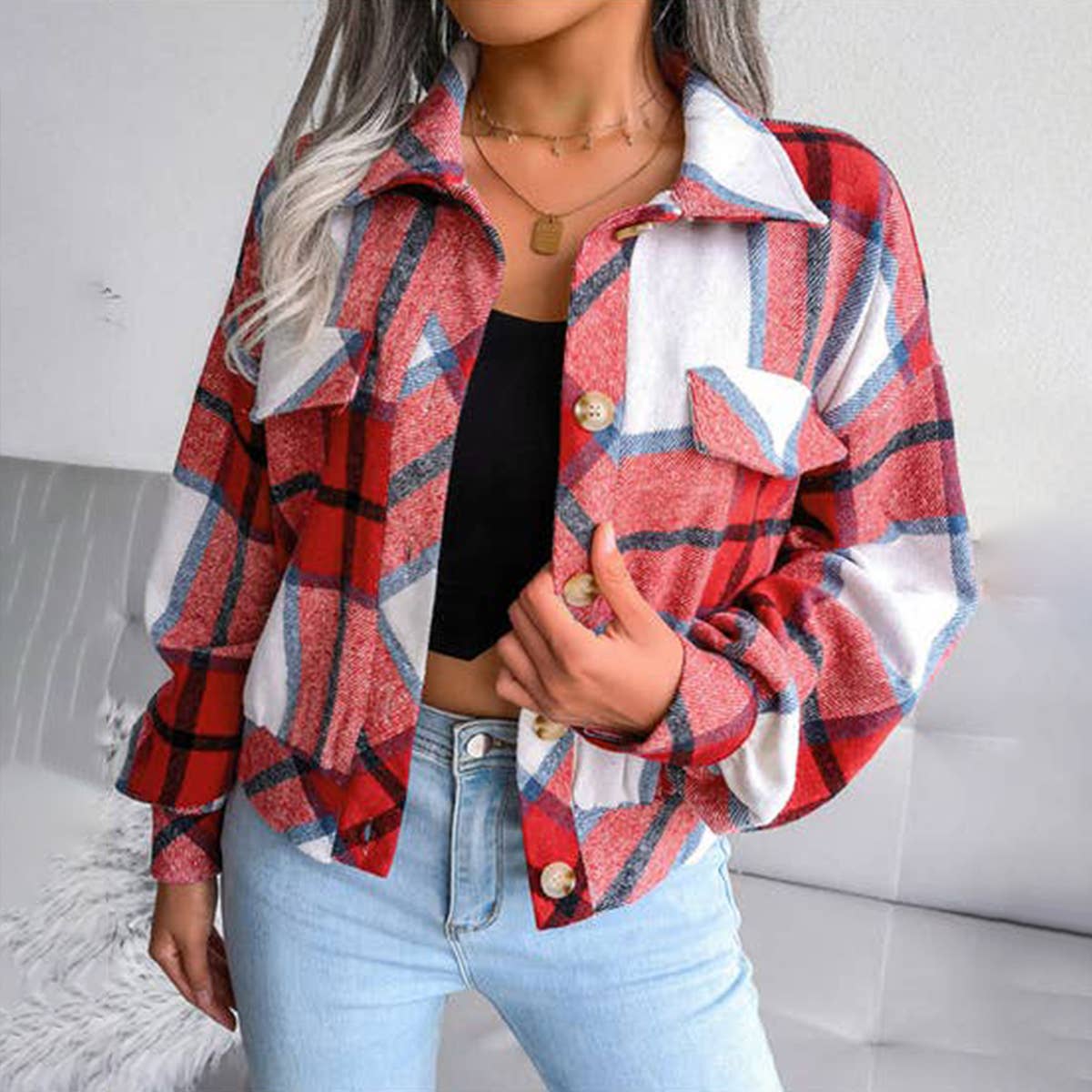 SINGLE BREASTED PLAID COAT WITH LAPEL