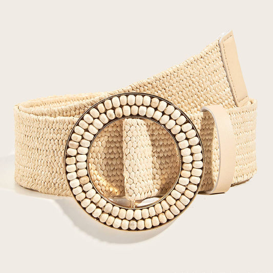 HAND-EMBELLISHED ROUND BUCKLE STRAW BELT_CWABE0439