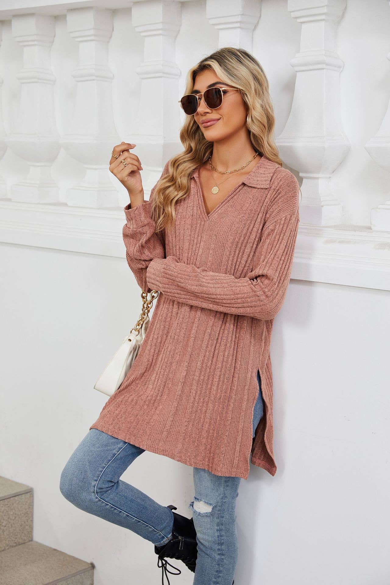 Solid-color V-neck long-sleeved loose slit Top