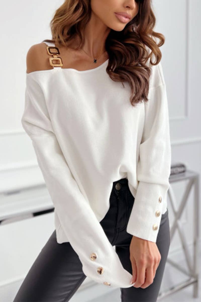 SEXY CHAIN BUTTON EMBELLISHED LONG-SLEEVED TOP