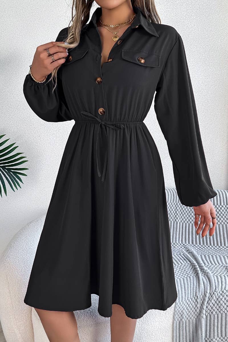 CWDSD6424_CASUAL BUTTON-DOWN WAIST SHIRT DRESS SHORT