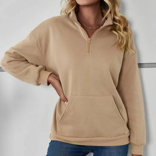 SOLID COLOR HALF ZIP POCKET STAND COLLAR HOODIE
