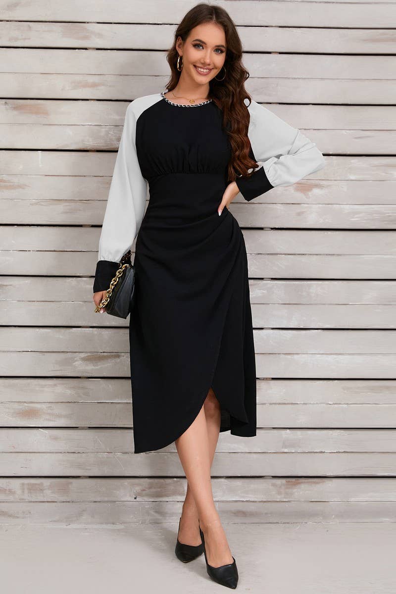 CWDSD6459_CONTRAST COLOR IRREGULAR METAL NECKLACE DRESS