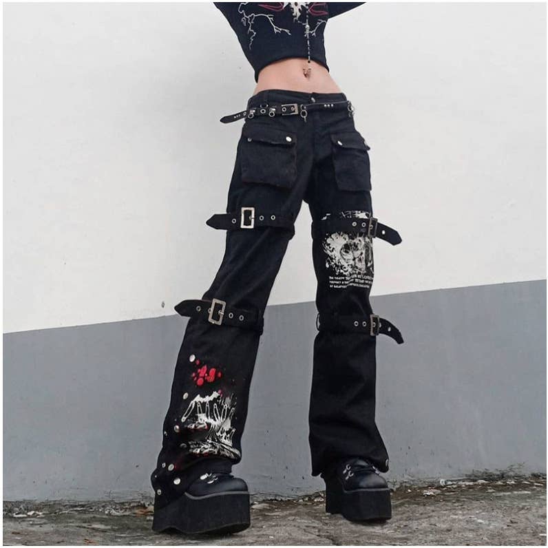 Printed metal buckle drape denim trousers