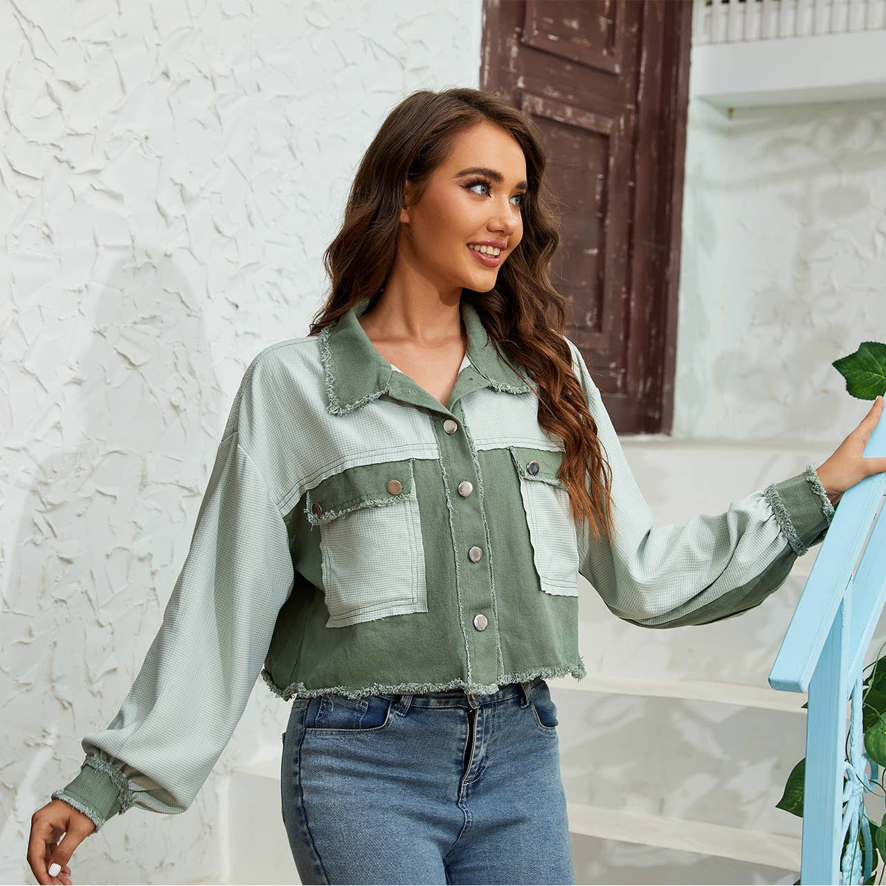 Lapel waffle check color-blocked short coat