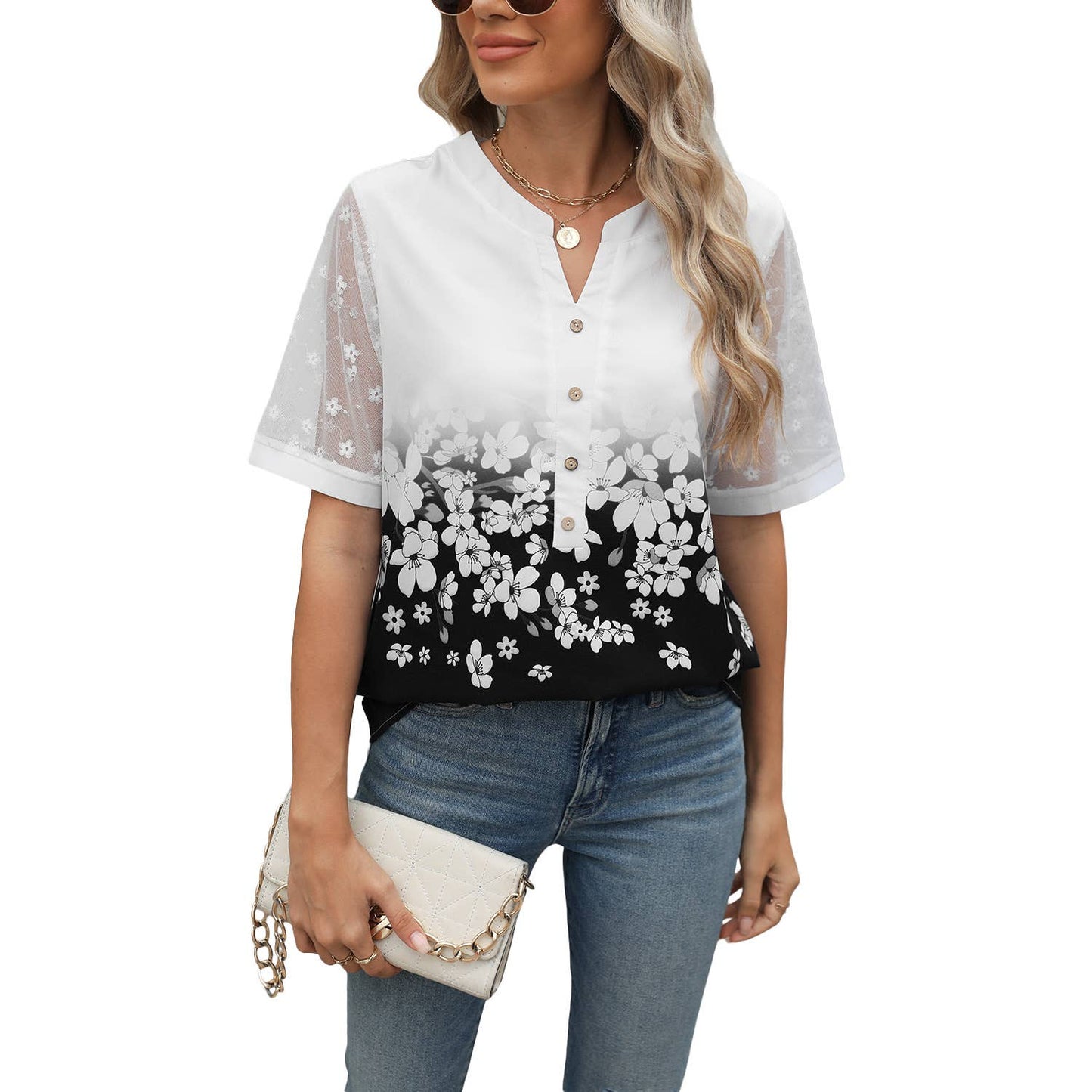 V-neck printed chiffon top with lace sleeves