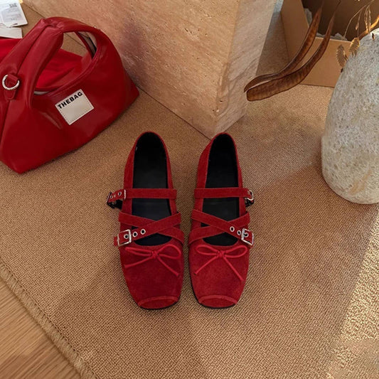 Suede Mary Jane Flats with Cross Strap & Bow_CWSHF0067