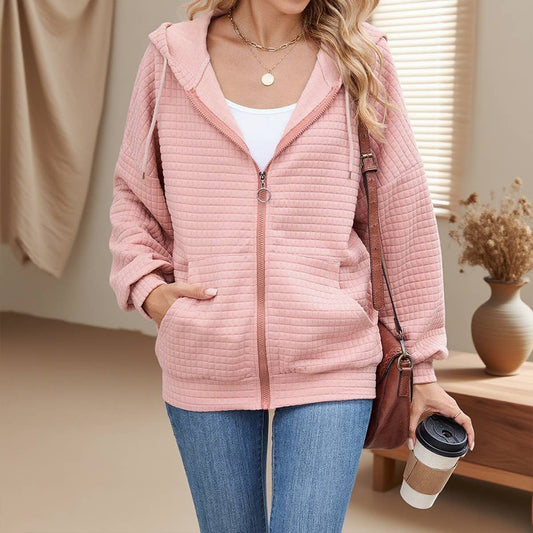Solid-color zipper long-sleeved hooded coat