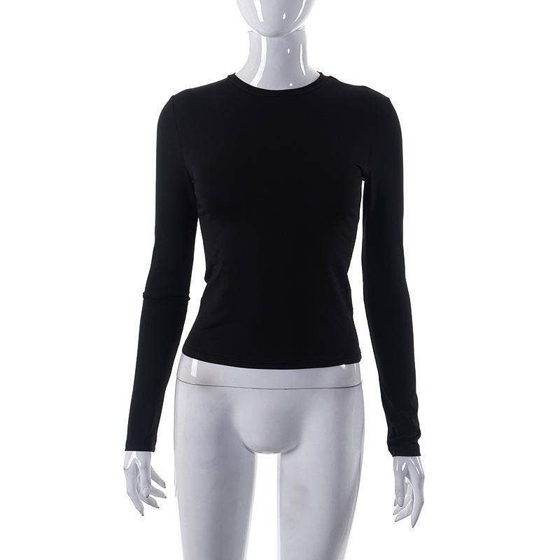 Solid color crew-neck basic long-sleeved shirt