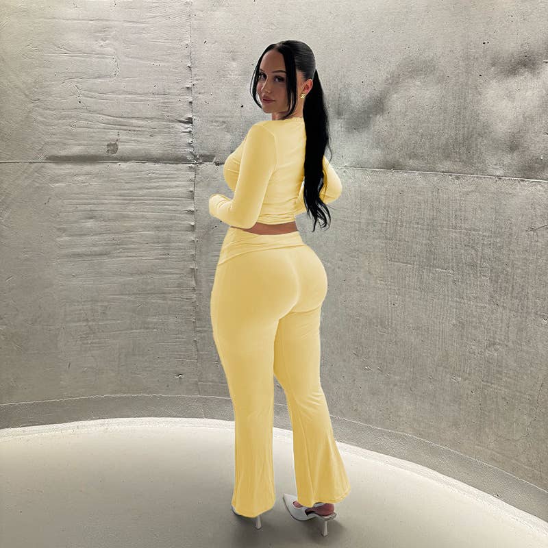 Simple casual solid color patchwork lace V-neck suit