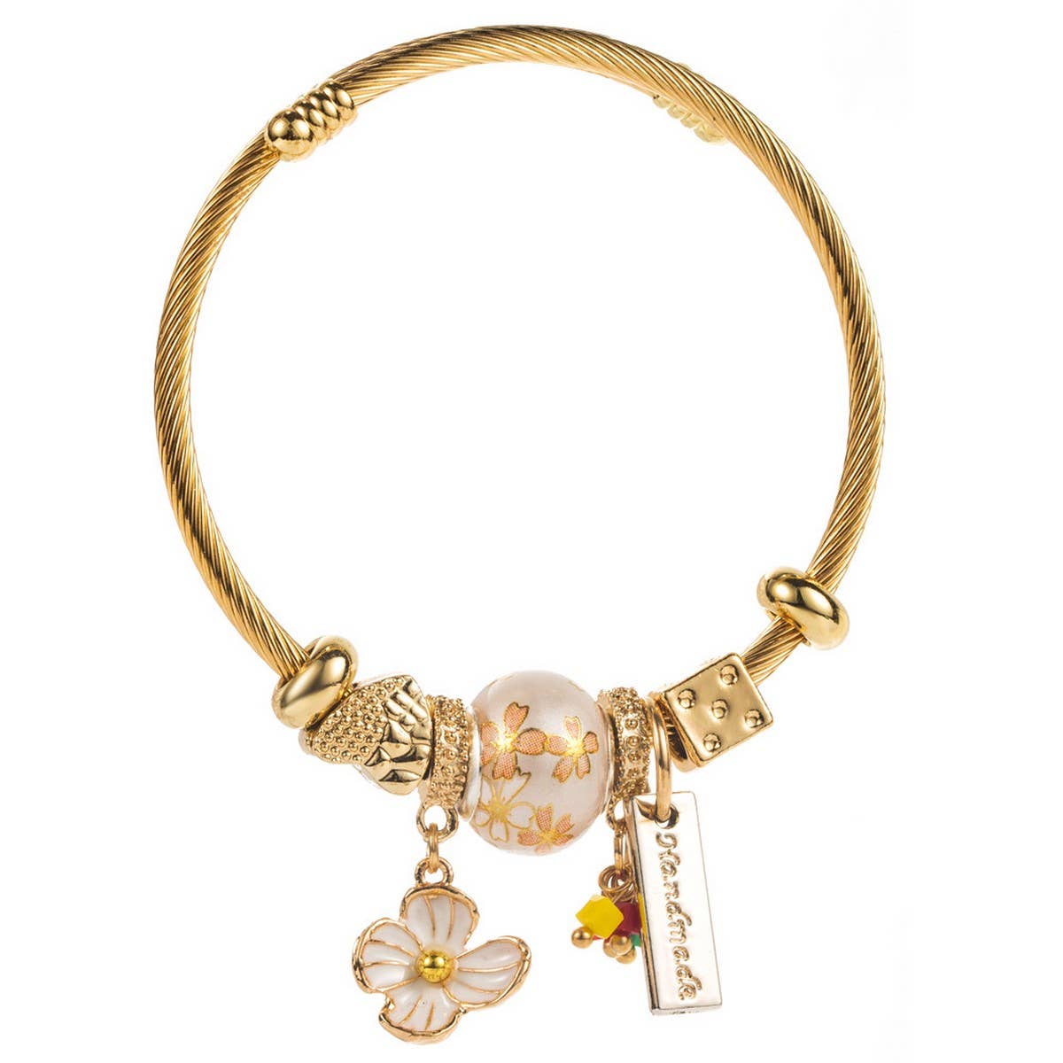 Trendy Beaded Steel Bracelet with Flower Charm