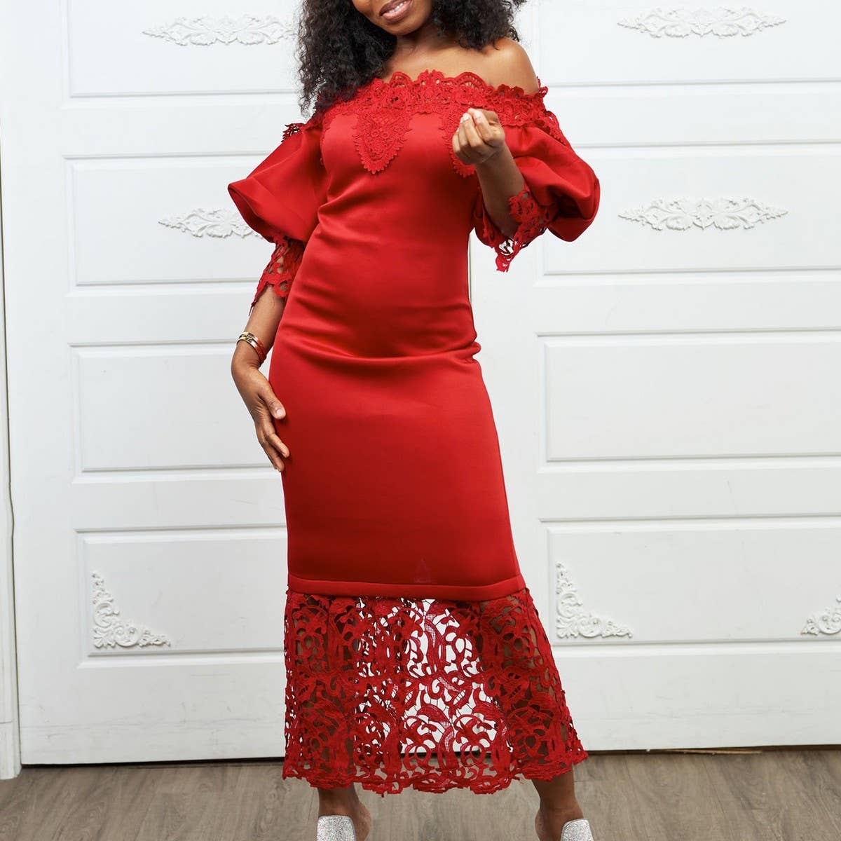 BOAT NECK LACE PATCHWORK LANTERN SLEEVE DRESS_CWDMD3683