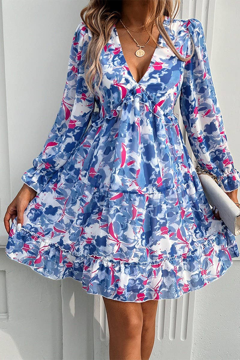 CWDSD7137_ELEGANT PRINTED V NECK LONG SLEEVE DRESS