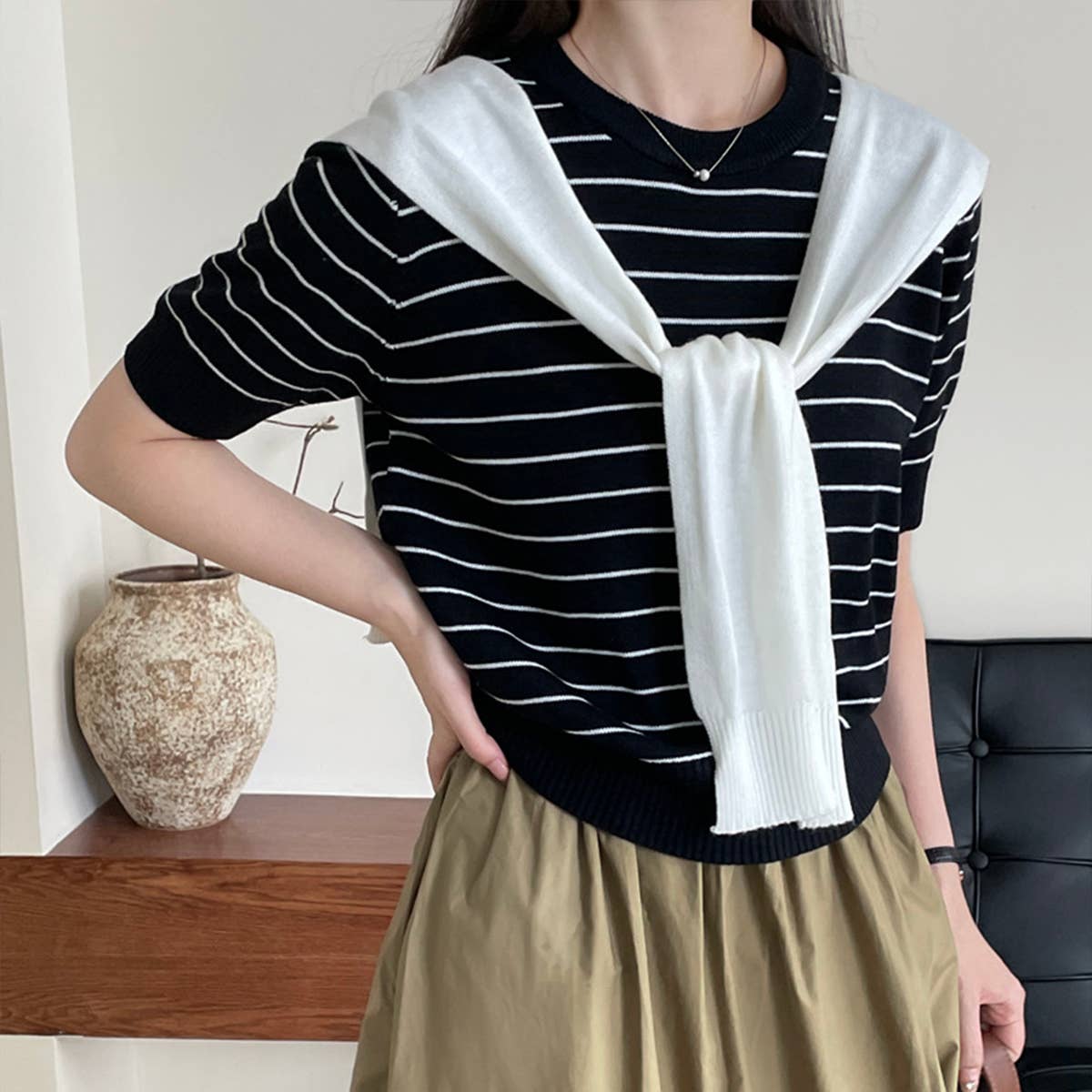 Literary cape striped knitted blouse two-piece set