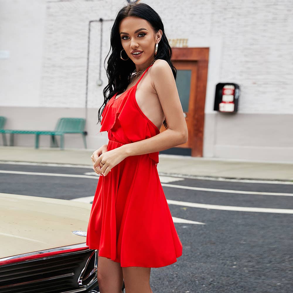 SOLID COLOR BACKLESS PLEATED SKIRT TRIM DRESS