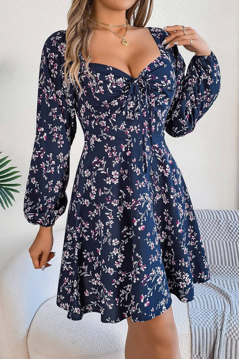 CWDSD7221_CASUAL SQUARE NECK FLORAL LONG SLEEVE A-LINE DRESS