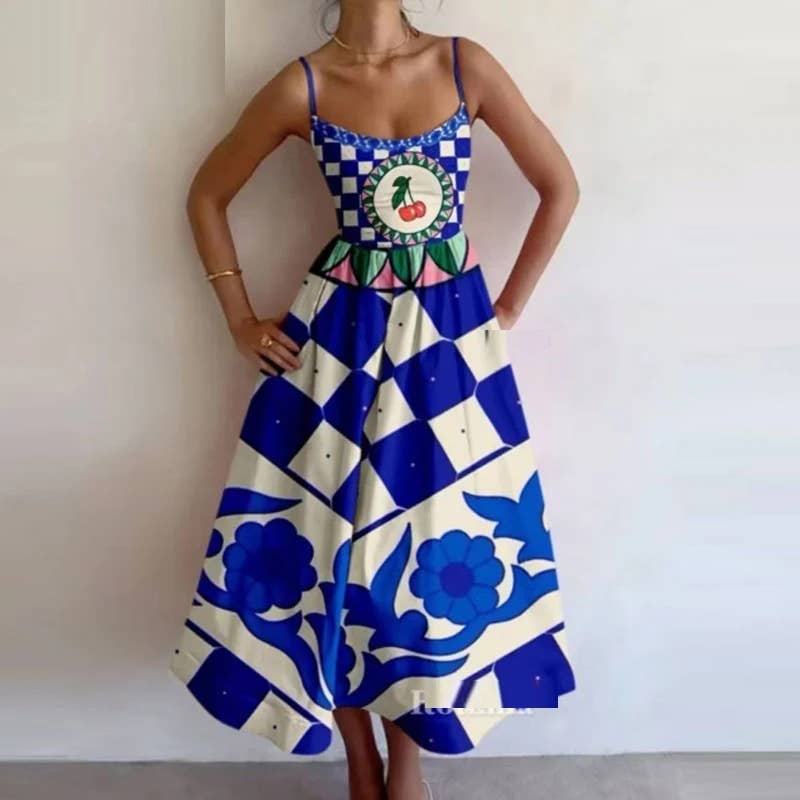 Fashion printed cinched waist,large halter dress