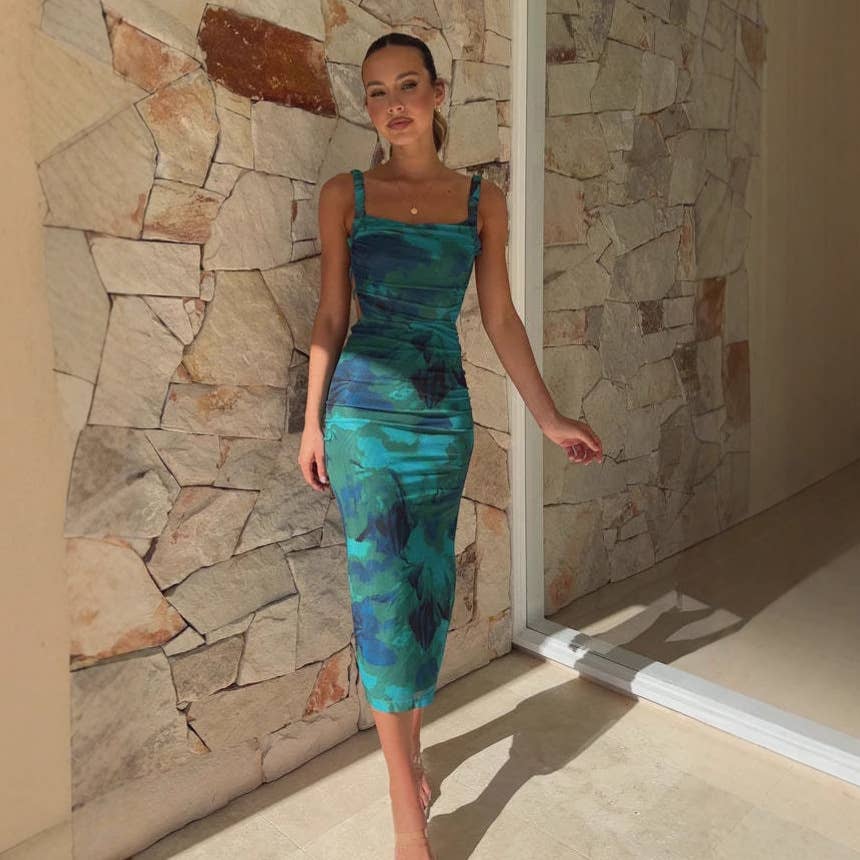 Sleeveless halter, backless print split dress