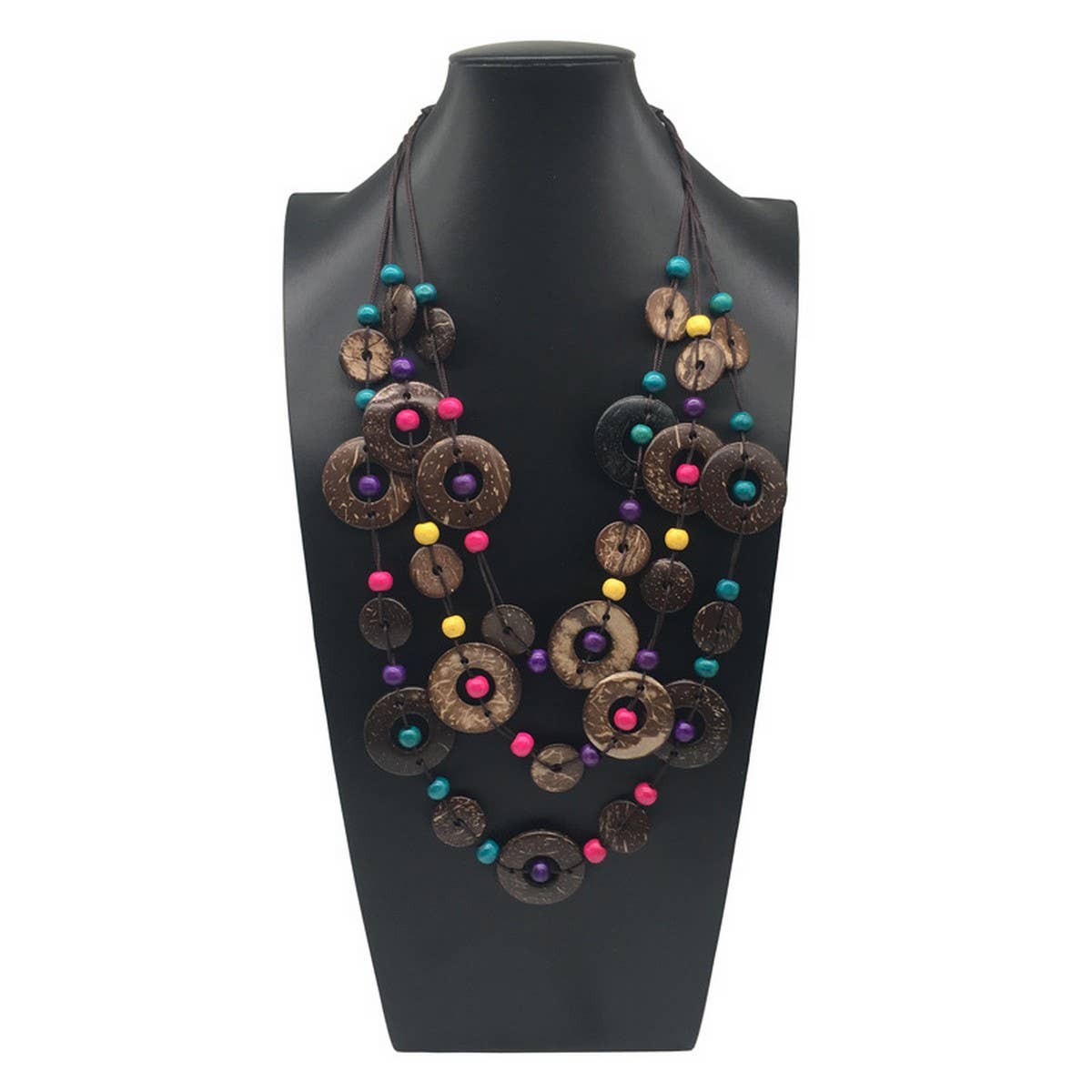 VINTAGE BRAIDED ROUND COCONUT WOOD BEAD NECKLACE